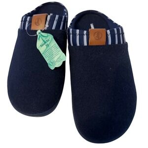 Lands End‎ Womens Navy Felt Scuff Slippers Striped Trim NatureTex 70 Size 9B NEW